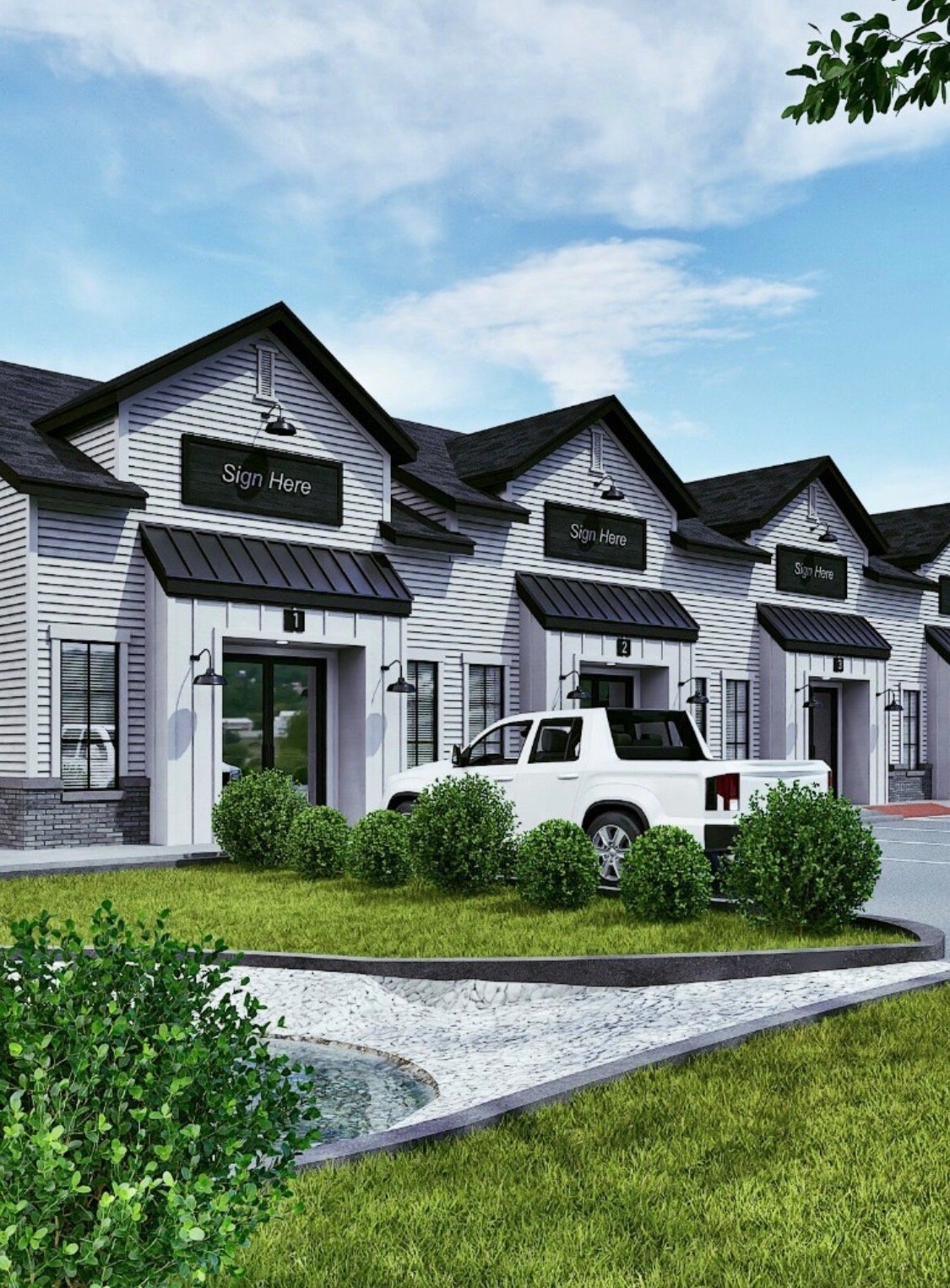 Street-level rendering of The Village on Canton showing the modern-farmhouse storefronts, black metal awnings, signage placards, and landscaped entry