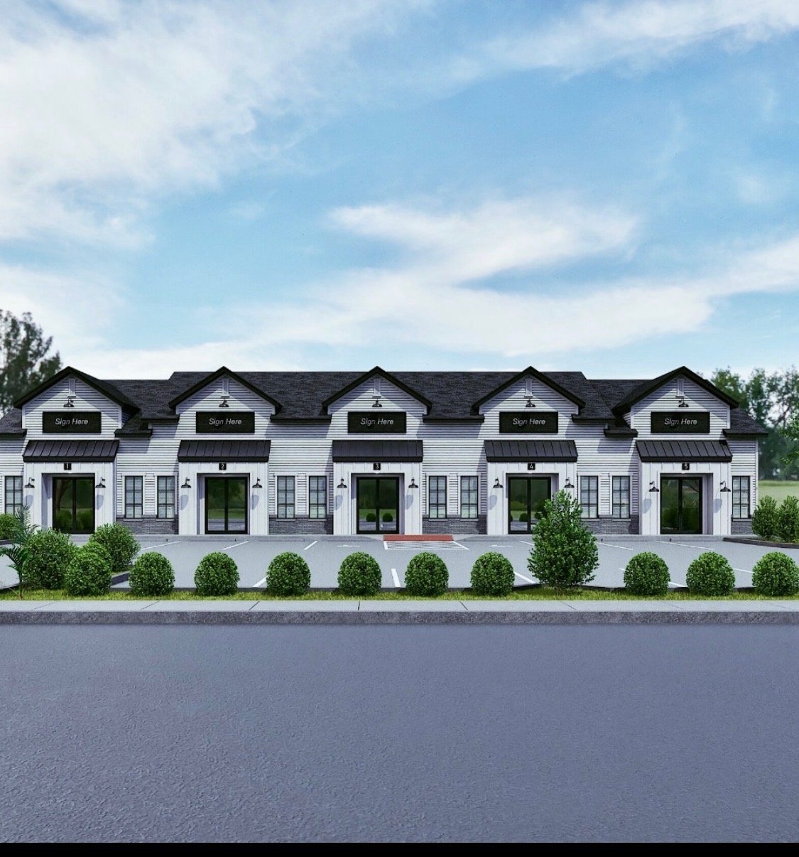 Architectural rendering of The Village on Canton, a five-suite commercial plaza with white siding, stone accents, black metal awnings, signage placards, and landscaped parking